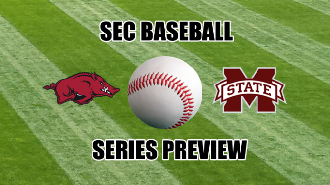 Arkansas and Mississippi State logos with baseball