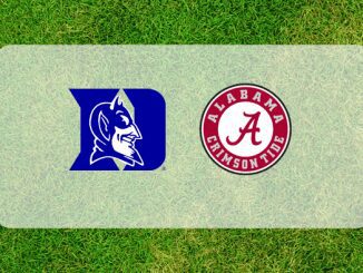 Alabama and Duke logos on grass field