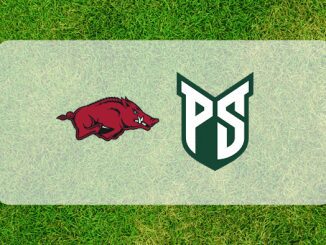 Arkansas and Portland State logos on grass