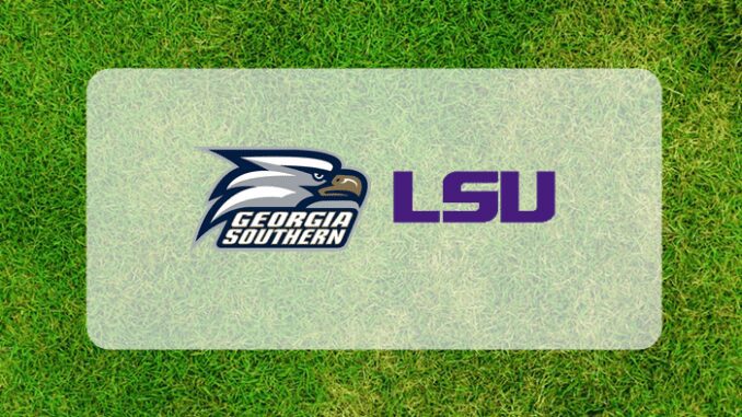 LSU Georgia Southern logos on grass
