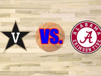 Vanderbilt and Alabama logos on wood floor