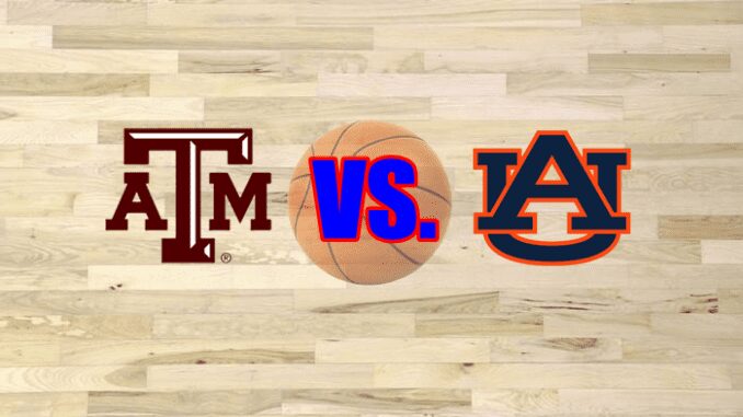 Texas A&M and Auburn logos on wood floor
