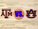 Texas A&M and Auburn logos on wood floor